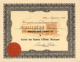 Certificat de bienfaiteur insigne et de membre à vie du Centre des Loisirs.