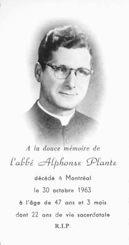 Abbé Alphonse Plante : carte mortuaire.